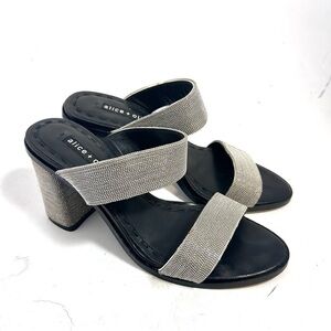 ALICE + OLIVIA Talliey Silver Metallic Beaded Strappy Block Heel Sandal Sz 7.5